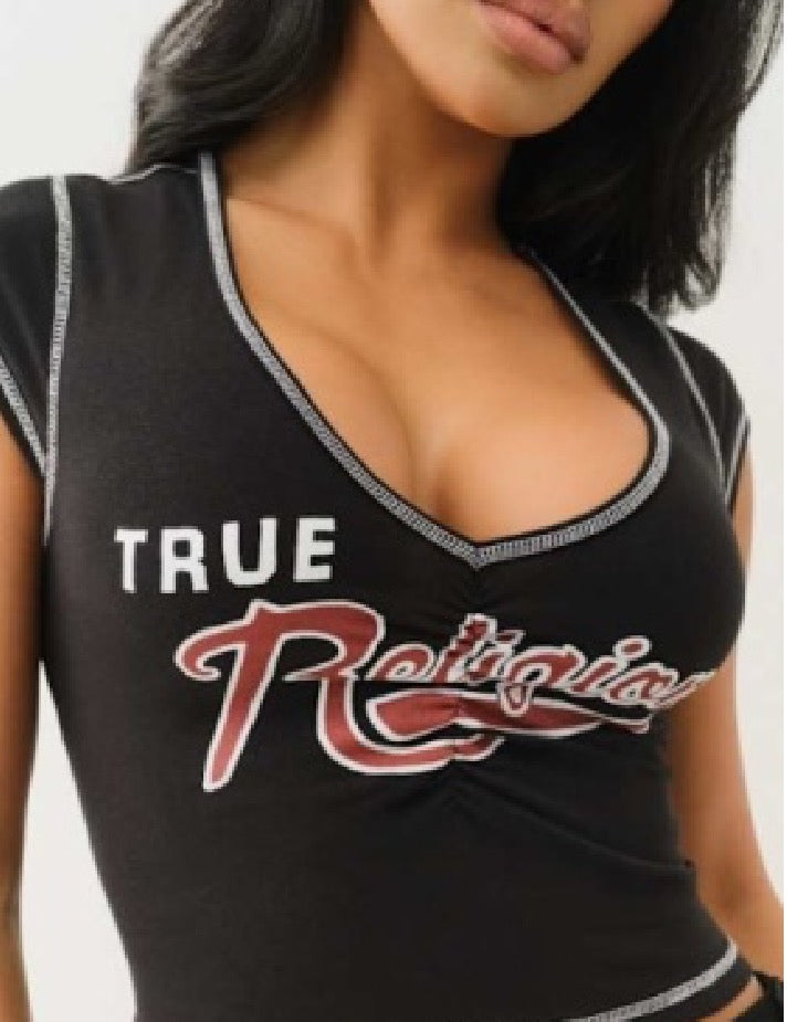 True Religion ruching cap sleeves top