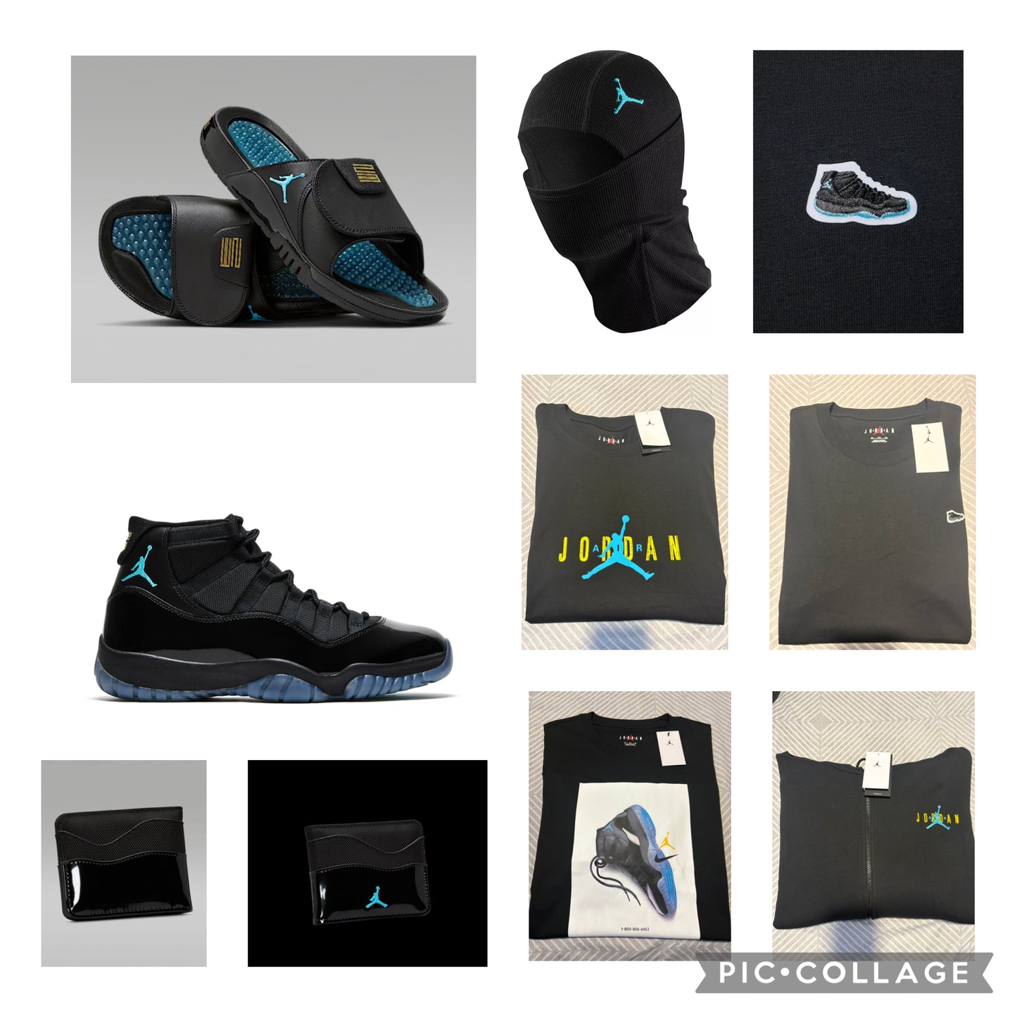 Jordan Gamma Blues Shoes size12, Slides size12, (1)Mask, (1)Zip up Hoodie 3xl, (3)Shirts 3xl, (1)Wallet